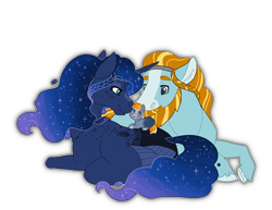 Size: 3500x2700 | Tagged: safe, artist:jackiebloom, character:princess luna, character:rockhoof, oc, oc:idunn, parent:princess luna, parent:rockhoof, species:alicorn, species:earth pony, species:pony, baby, baby pony, beard, blaze (coat marking), braid, ethereal mane, facial hair, family, female, filly, foal, galaxy mane, male, mare, moustache, prone, shipping, simple background, stallion, straight, transparent background, trio