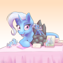 Size: 2000x2000 | Tagged: safe, artist:ohemo, character:trixie, species:pony, species:unicorn, newbie artist training grounds, atg 2019, book, convention, cute, figurine, looking at you, mouth hold, narcissism, open mouth, smiling, sword, table, weapon