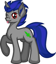 Size: 562x642 | Tagged: safe, artist:zeka10000, base used, oc, oc only, oc:enigan, species:pony, species:unicorn, ear fluff, full body, looking at you, male, one eye closed, simple background, solo, stallion, standing, tongue out, transparent background, wink