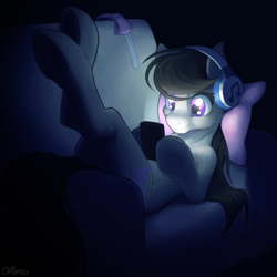 Size: 2000x2000 | Tagged: safe, artist:ohemo, character:octavia melody, species:earth pony, species:pony, newbie artist training grounds, atg 2019, cellphone, couch, dark, eye clipping through hair, female, headphones, ipod, listening, mare, music, on back, phone, solo
