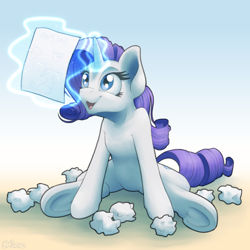 Size: 2000x2000 | Tagged: safe, artist:ohemo, character:rarity, species:pony, species:unicorn, newbie artist training grounds, anatomically incorrect, atg 2019, glowing horn, happy, horn, human shoulders, magic, open mouth, paper, smiling, telekinesis, underhoof