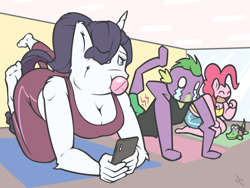 Size: 1000x750 | Tagged: safe, artist:doggonepony, character:gummy, character:pinkie pie, character:rarity, character:spike, species:anthro, species:plantigrade anthro, ship:sparity, barefoot, break, breasts, bubblegum, busty pinkie pie, busty rarity, cellphone, crying, feet, female, food, gum, male, phone, shipping, smartphone, straight, yoga