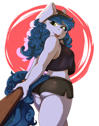 Size: 1536x1966 | Tagged: safe, artist:hakkids2, oc, oc only, oc:starry, oc:starry night, species:anthro, anthro oc, ass, baseball bat, baseball cap, butt, cap, clothing, female, hat, looking back, midriff, open mouth, shorts, solo
