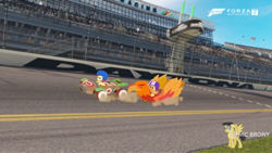 Size: 750x422 | Tagged: safe, artist:forzaveteranenigma, character:apple bloom, character:scootaloo, species:pegasus, species:pony, episode:the cart before the ponies, g4, my little pony: friendship is magic, daytona international speedway, daytona usa, florida, forza motorsport 7, irl, photo, ponies in real life, race track, united states, watermark