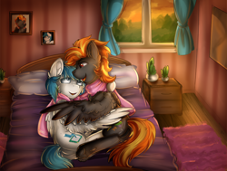 Size: 2000x1514 | Tagged: safe, artist:deraniel, oc, oc only, oc:digidash, oc:ricy, oc:short circuit, species:pegasus, species:pony, bed, cuddling, gay, hug, male, pictures, room, sunset, tongue out, window, winghug
