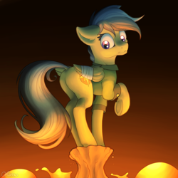 Size: 2000x2000 | Tagged: safe, artist:ohemo, character:daring do, species:pegasus, species:pony, bandage, butt, dock, female, lava, looking back, mare, plot, raised hoof, solo, the floor is lava, underhoof, worried
