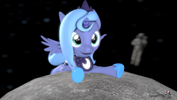 Size: 1920x1080 | Tagged: safe, artist:spinostud, character:princess luna, species:alicorn, species:human, species:pony, 3d, astronaut, female, filly, moon, source filmmaker, space, woona, younger