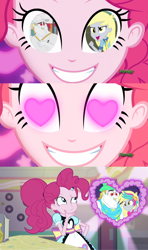 Size: 720x1215 | Tagged: safe, artist:alphamonouryuuken, edit, edited screencap, screencap, character:pinkie pie, episode:coinky-dink world, episode:lost and pound, eqg summertime shorts, g4, my little pony: equestria girls, my little pony:equestria girls, spoiler:eqg series (season 2), derpybulk, discovery family logo, exploitable, female, heart eyes, lost and pound: rarity, male, meme, pinkie the shipper, pinkie's eyes, shipper on deck, shipper pie, shipping, straight, wingding eyes