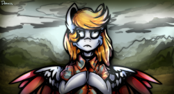 Size: 1918x1036 | Tagged: safe, artist:deraniel, oc, oc:silver hush, species:pegasus, species:pony, bags under eyes, clothing, female, hooves together, outdoors, solo, tired