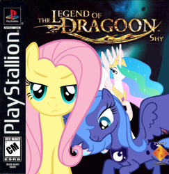 Size: 744x767 | Tagged: safe, artist:nickyv917, character:fluttershy, character:princess celestia, character:princess luna, species:alicorn, species:pegasus, species:pony, angry, bedroom eyes, box art, esrb, female, game rating, looking at you, mare, parody, playstation, pony (sony), pun, sony, the legend of dragoon