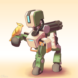 Size: 2000x2000 | Tagged: safe, artist:ohemo, species:bird, species:pony, bastion (overwatch), crossover, gun, overwatch, ponified, raised hoof, robot, robot pony, simple background, weapon