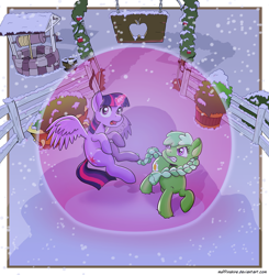 Size: 2400x2446 | Tagged: safe, artist:muffinshire, character:twilight sparkle, character:twilight sparkle (alicorn), oc, oc:appleboom, species:alicorn, species:pony, angry, barrier, bathtub, bush, commission, magic bubble, shadow, snow, sweet apple acres, well