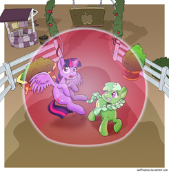 Size: 2400x2446 | Tagged: safe, alternate version, artist:muffinshire, character:twilight sparkle, character:twilight sparkle (alicorn), oc, oc:appleboom, species:alicorn, species:pony, angry, barrier, bathtub, bush, commission, magic bubble, shadow, sweet apple acres, well