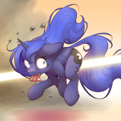 Size: 2000x2000 | Tagged: safe, artist:ohemo, character:princess luna, species:alicorn, species:pony, newbie artist training grounds, g4, action pose, atg 2019, beam, biting, blast, cake, cake theft, cheek fluff, cute, cutie mark, dead mare walking, disproportionate retribution, ear fluff, featured on derpibooru, female, floppy ears, food, funny, implied princess celestia, laser, looking back, lunabetes, magic, magic beam, magic blast, mare, missing accessory, mouth hold, nom, now you fucked up, offscreen character, running, scared, shocked, shrunken pupils, solo, stealing, this will end in banishment, this will end in tears and/or a journey to the moon, uh oh, wide eyes