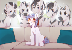 Size: 3000x2100 | Tagged: safe, alternate version, artist:dagmell, oc, oc:clair, oc:clairvoyance, species:pony, species:unicorn, species:zebra, blushing, bronycon, couch, pillow, piper perri surrounded, ribbon