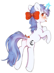 Size: 1461x1969 | Tagged: safe, artist:dagmell, oc, oc:clair, oc:clairvoyance, species:pony, species:unicorn, blackletter, blushing, bow, hair bow, ribbon, simple background, tail bow, tongue out, white background
