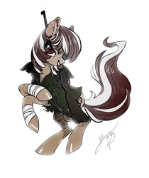 Size: 1280x1521 | Tagged: safe, artist:opalacorn, oc, oc only, oc:roulette, species:earth pony, species:pony, fallout equestria, clothing, cocky, female, gun, hoof wraps, jacket, mare, rearing, rifle, simple background, smiling, smirk, solo, weapon