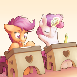Size: 2000x2000 | Tagged: safe, artist:ohemo, character:scootaloo, character:sweetie belle, species:pegasus, species:pony, species:unicorn, newbie artist training grounds, arm behind head, armpits, atg 2019, chair, eyes closed, female, filly, floppy ears, glowing horn, horn, magic, magic aura, mouth hold, mouth writing, nervous, paper, pencil, ponyville schoolhouse, school desk, sitting, smiling, smug, sweat, sweetie belle's magic brings a great big smile, telekinesis, test, unicorn master race