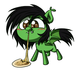 Size: 1200x1140 | Tagged: safe, artist:alittleofsomething, oc, oc:prickly pears, species:bat pony, species:pony, bat pony oc, cheese, chibi, food, pupusa, simple background, transparent background