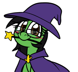 Size: 661x610 | Tagged: safe, artist:alittleofsomething, oc, oc:prickly pears, species:pony, cactus, clothing, emblem, glasses, hat, looking at you, magic wand, mouth hold, smiling, witch, witch hat