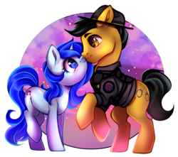 Size: 766x676 | Tagged: safe, artist:cabbage-arts, oc, oc only, oc:darren cuffs, oc:skyra heartsong, species:earth pony, species:pony, species:unicorn, boop, bulletproof vest, campaign hat, clothing, noseboop, shipping, uniform