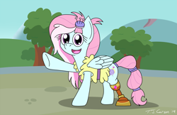 Size: 2295x1485 | Tagged: safe, artist:toonboy92484, character:kerfuffle, species:pegasus, species:pony, friendship is magic: rainbow roadtrip, g4, my little pony: friendship is magic, amputee, clothing, cute, female, fufflebetes, happy, looking at you, mare, open mouth, pincushion, prosthetic leg, prosthetic limb, prosthetics, smiling, solo, tree, vest, waving