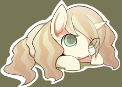 Size: 1200x856 | Tagged: safe, artist:ccc, character:sweet biscuit, species:pony, species:unicorn, adorabiscuit, colored pupils, cute, eye clipping through hair, female, green background, mare, pixiv, prone, simple background, solo