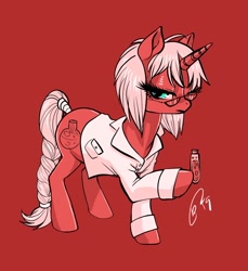 Size: 1600x1750 | Tagged: safe, artist:opalacorn, oc, oc only, oc:alchemilla, species:pony, species:unicorn, clothing, glasses, hoof hold, lab coat, red background, simple background, solo, vial