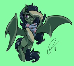 Size: 1600x1416 | Tagged: safe, artist:opalacorn, oc, oc:creeping vine, species:bat pony, species:pony, bat pony oc, clothing, fangs, gloves, goggles, green background, safety goggles, salute, signature, simple background, tongue out