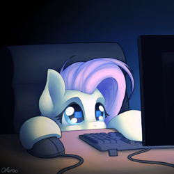 Size: 2000x2000 | Tagged: safe, artist:ohemo, character:fluttershy, species:pegasus, species:pony, newbie artist training grounds, atg 2019, chair, computer, computer mouse, cute, dark room, desk, ear fluff, female, keyboard, monitor, puppy dog eyes, shyabetes, solo