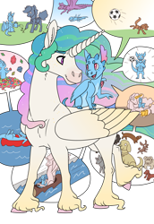 Size: 2420x3508 | Tagged: safe, artist:jackiebloom, character:princess celestia, oc, oc:pyre, parent:princess celestia, parent:princess ember, species:alicorn, species:dog, species:dragon, species:pony, adopted offspring, colored hooves, dialogue, duo, female, intersex, mare, missing accessory, momlestia, mother and daughter, offspring, pictogram, prone, speech bubble, unshorn fetlocks, water slide