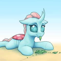Size: 2000x2000 | Tagged: safe, artist:ohemo, character:ocellus, species:changeling, species:reformed changeling, newbie artist training grounds, ants, atg 2019, cute, diaocelles, female, floppy ears, leaf, lying down, mouth hold, simple background, smiling, solo
