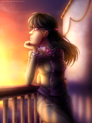 Size: 1200x1600 | Tagged: safe, artist:jadekettu, character:octavia melody, species:human, balcony, bow tie, clothing, female, humanized, outdoors, solo, sunset