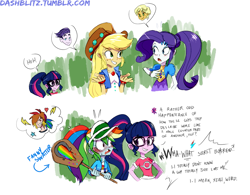 Size: 1247x975 | Tagged: safe, artist:manic-the-lad, character:applejack, character:ragamuffin, character:rainbow dash, character:rarity, character:twilight sparkle, character:twilight sparkle (scitwi), species:eqg human, g4, my little pony: equestria girls, my little pony:equestria girls, spoiler:eqg series (season 2), a dash of everything, dirk thistleweed, female, implied shipping, male, panicking, ragamuffin (equestria girls), rainbow blitz, rule 63