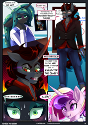 Size: 1476x2084 | Tagged: safe, artist:theneithervoid, character:king sombra, character:princess cadance, character:queen chrysalis, species:anthro, comic:eager to learn, ship:chrysombra, blushing, class, clothing, comic, female, male, school, shipping, straight, sweat, teacher, uniform
