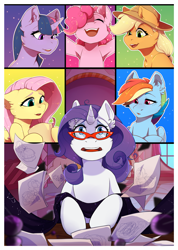 Size: 2539x3566 | Tagged: safe, artist:hakkids2, character:applejack, character:fluttershy, character:pinkie pie, character:rainbow dash, character:rarity, character:twilight sparkle, character:twilight sparkle (unicorn), species:earth pony, species:pegasus, species:pony, species:unicorn, episode:suited for success, g4, my little pony: friendship is magic, armpits, art of the dress, cheek fluff, clothing, cowboy hat, ear fluff, female, glasses, happy, hat, high res, mane six, mare, open mouth, paper, reading glasses, scene interpretation