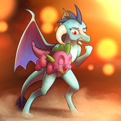 Size: 2000x2000 | Tagged: safe, artist:ohemo, character:princess ember, character:spike, species:dragon, newbie artist training grounds, angry, atg 2019, clenched fist, dragoness, duo, eyes closed, female, gritted teeth, male, smiling