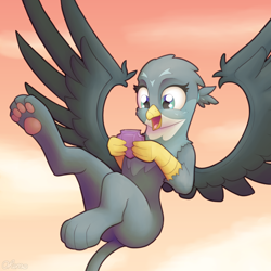 Size: 2000x2000 | Tagged: safe, artist:ohemo, character:gabby, species:griffon, newbie artist training grounds, atg 2019, blushing, cheerful, claws, cute, cutie mark, female, flying, gabbybetes, happy, looking down, open mouth, paw pads, paws, picture frame, smiling, solo, spread wings, talons, toe beans, toes, underpaw, wings