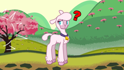 Size: 1366x768 | Tagged: safe, artist:zeka10000, community related, character:pom lamb, species:sheep, them's fightin' herds, bell, cloven hooves, lamb, looking back, no pupils, question mark, standing, unshorn fetlocks