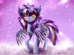 Size: 1032x774 | Tagged: safe, artist:cali luminos, oc, oc only, oc:twinkle starstone, species:alicorn, species:pony, alicorn oc, blushing, colored pupils, female, hair over eyes, horn, looking at you, mare, signature, smiling, solo, stars, two toned wings, wings