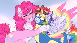 Size: 800x450 | Tagged: safe, artist:wanderingpegasus, character:pinkie pie, character:rainbow dash, species:pony, ship:pinkiedash, :t, cheek squish, clothing, colored wings, colored wingtips, eyes closed, female, gradient wings, hug, lesbian, mare, shipping, smiling, squishy cheeks, uniform, wings, wonderbolts uniform