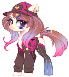 Size: 750x833 | Tagged: safe, artist:cabbage-arts, oc, oc only, oc:star slugger, species:earth pony, species:pony, bandaid, baseball cap, blank flank, cap, clothing, ear piercing, earring, eyeshadow, female, hat, jersey, jewelry, makeup, mare, piercing, simple background, socks, solo, stockings, thigh highs, transparent background