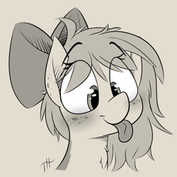 Size: 3000x3000 | Tagged: safe, artist:fakskis, oc, oc only, species:pony, blep, blushing, bow, bust, chest fluff, ear freckles, eye clipping through hair, female, freckles, mlem, monochrome, silly, tongue out