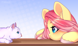 Size: 4602x2724 | Tagged: safe, artist:timkaa, character:fluttershy, species:pegasus, species:pony, cat, cute, dawwww, ear fluff, eye contact, female, high res, looking at each other, mare, prone, shyabetes, signature, simple background, tongue out, unshorn fetlocks