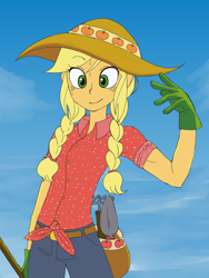 Size: 2448x3264 | Tagged: safe, artist:haibaratomoe, character:applejack, my little pony:equestria girls, breasts, clothing, delicious flat chest, farmer, female, gardening, gloves, hat, ponytail, solo, summer