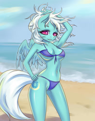 Size: 1200x1527 | Tagged: safe, artist:derpifecalus, character:fleetfoot, species:anthro, species:pegasus, species:pony, g4, armpits, beach, belly button, bikini, breasts, clothing, cutie mark, female, looking at you, midriff, ocean, outdoors, solo, swimsuit, tail, water, wings, ych result