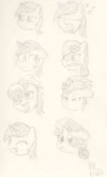 Size: 1168x1920 | Tagged: safe, artist:ramott, character:bon bon, character:lyra heartstrings, character:spitfire, character:sweetie belle, character:sweetie drops, species:earth pony, species:pegasus, species:pony, species:unicorn, :s, bon bon is not amused, crying, eyes closed, gritted teeth, monochrome, one eye closed, open mouth, sad, sleeping, smiling, traditional art, wavy mouth, wink, zzz