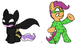 Size: 1156x691 | Tagged: safe, artist:underwoodart, character:diamond tiara, character:scootaloo, species:pegasus, species:pony, arm hooves, batman, batman forever, batmare, semi-anthro, simple background, sitting, standing, the riddler, transparent background