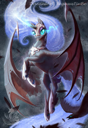 Size: 1015x1476 | Tagged: safe, artist:begasus, character:nightmare moon, character:princess luna, species:alicorn, species:pony, female, flying, glowing horn, horn, hybrid wings, magic, magic aura, mare, slit eyes, slit pupils, solo, spread wings, wings
