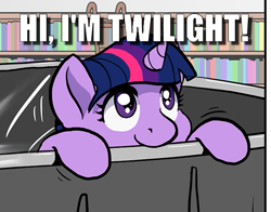 Size: 625x489 | Tagged: safe, artist:muffinshire, edit, character:twilight sparkle, species:pony, species:unicorn, comic:twilight's first day, bookshelf, caption, cropped, cute, female, filly, filly twilight sparkle, hi, image macro, library, solo, text, twiabetes, younger